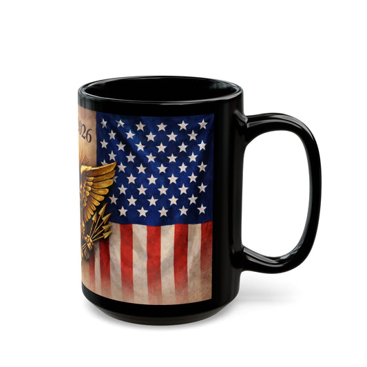 USA Eagle Flag Coffee Mug — 1776 to 2026 Patriotic Black Ceramic Mug (15oz)