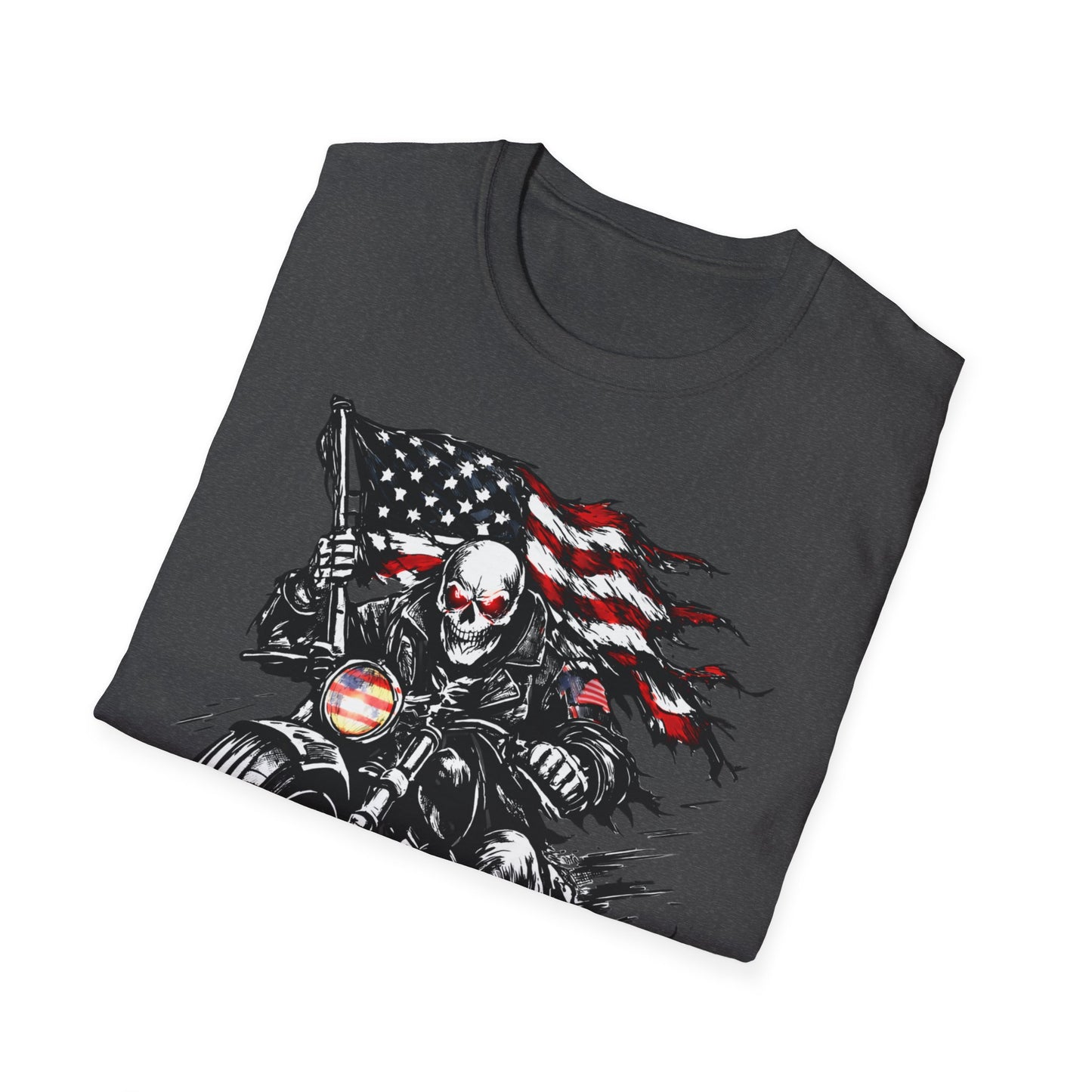 Skull Biker with American Flag T-Shirt | Motorcycle Rider Tee