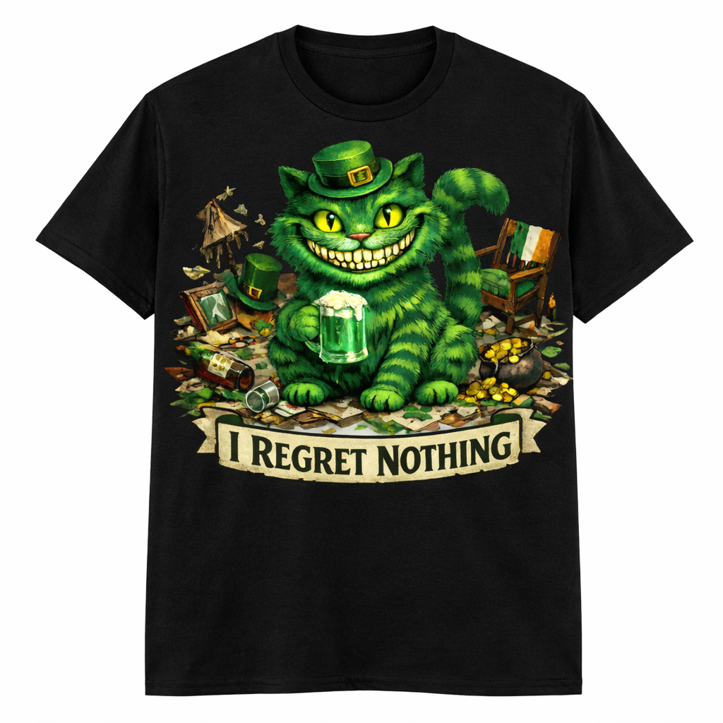 Grinning Cheshire Cat 'I Regret Nothing' Heavy Cotton T-Shirt | Mischief Cartoon Tee