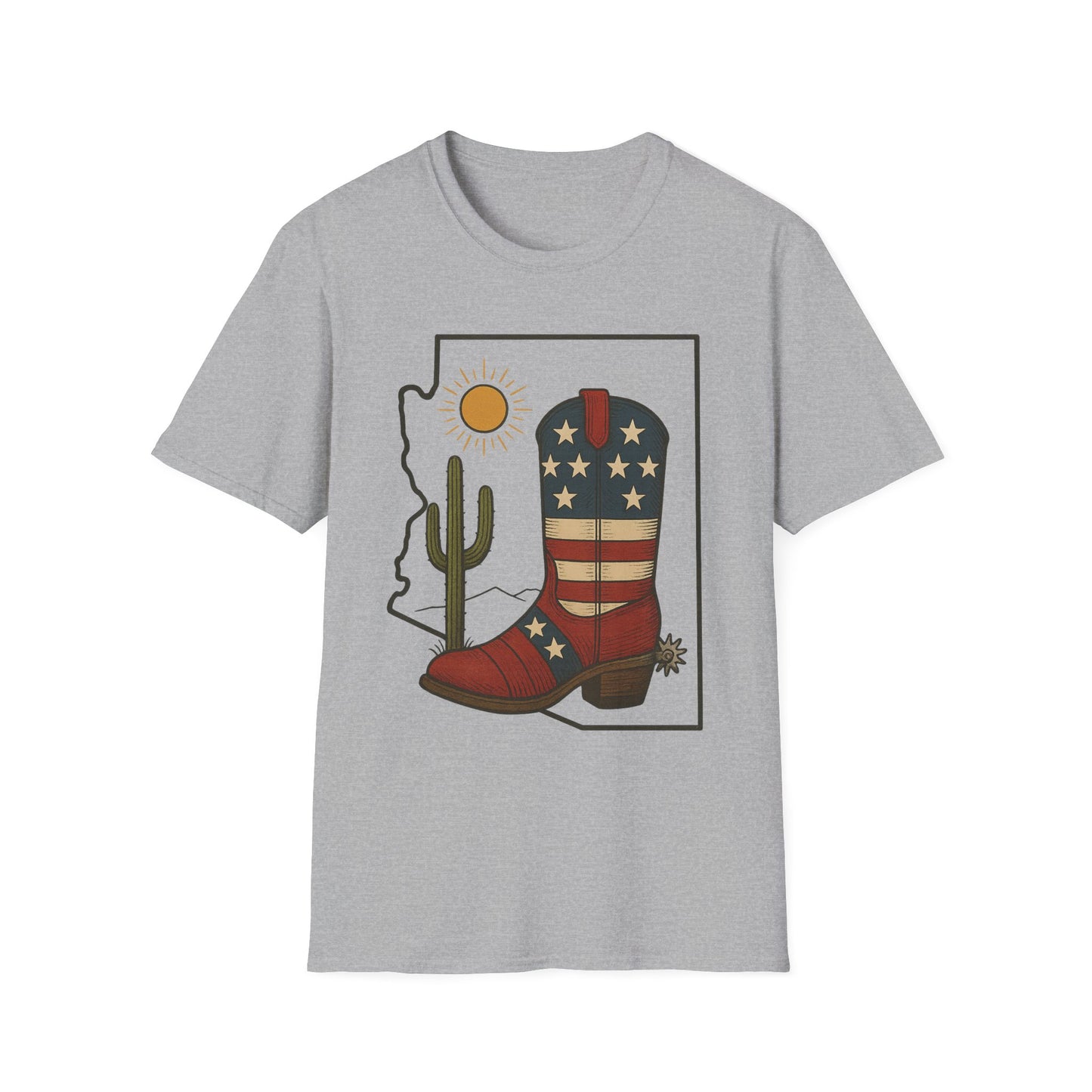 Arizona Cowboy Boot T‑Shirt — USA Patriotic Western Tee with Cactus & Sun