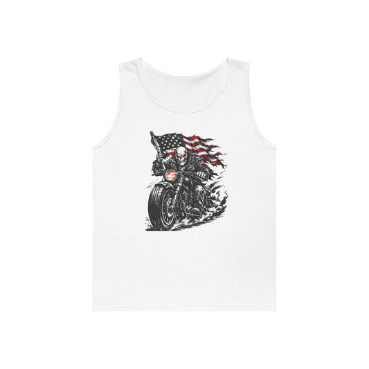 Patriotic Skull Biker Tank Top, American Flag Motorcycle Shirt, American Biker Tank Top — Skull Rider with Waving Flag