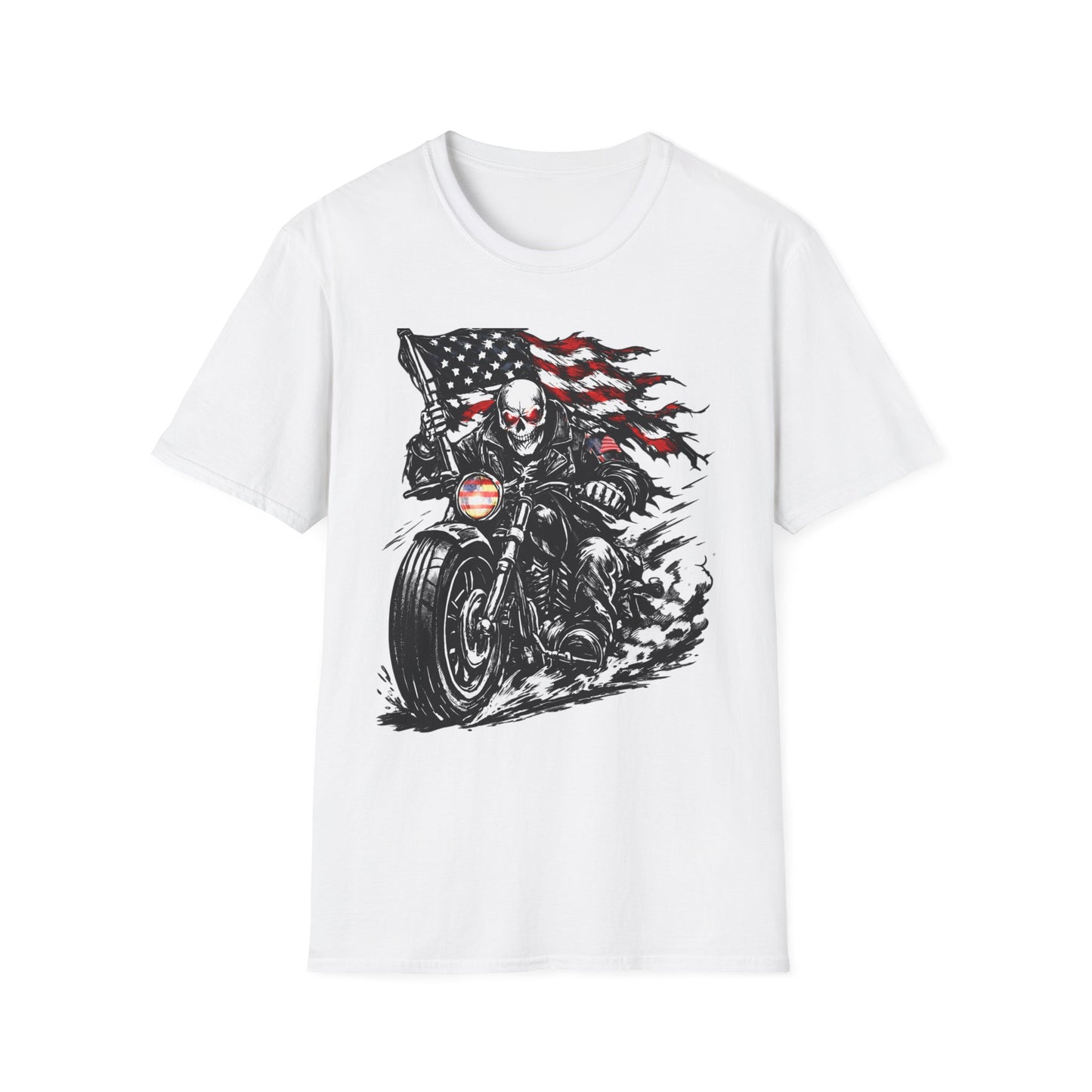 Skull Biker with American Flag T-Shirt | Motorcycle Rider Tee