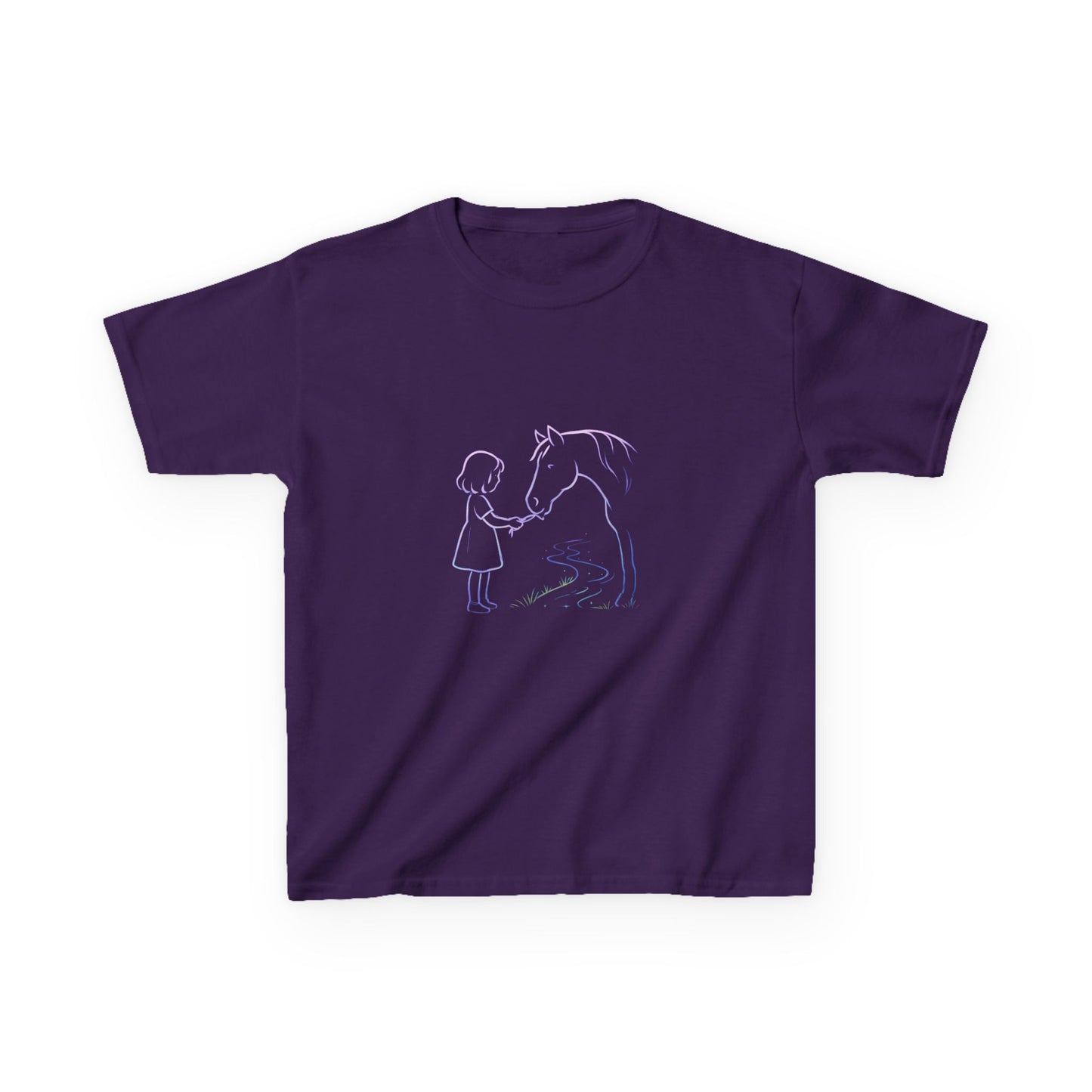 Girl Feeding Horse Kids Tee | Cute Neon Line Art