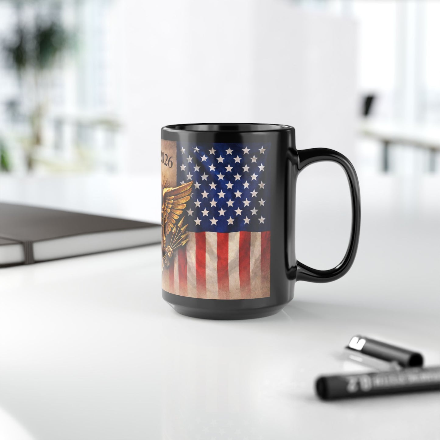 USA Eagle Flag Coffee Mug — 1776 to 2026 Patriotic Black Ceramic Mug (15oz)