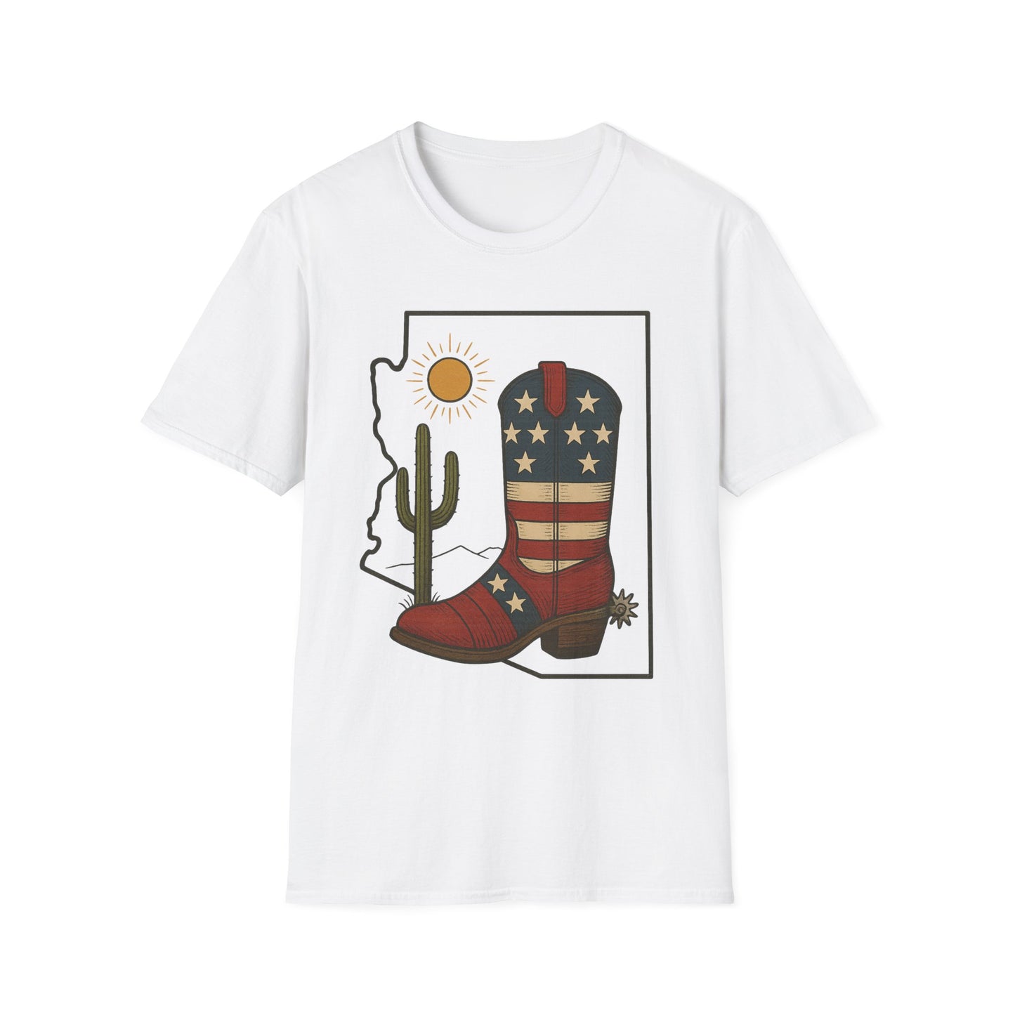 Arizona Cowboy Boot T‑Shirt — USA Patriotic Western Tee with Cactus & Sun