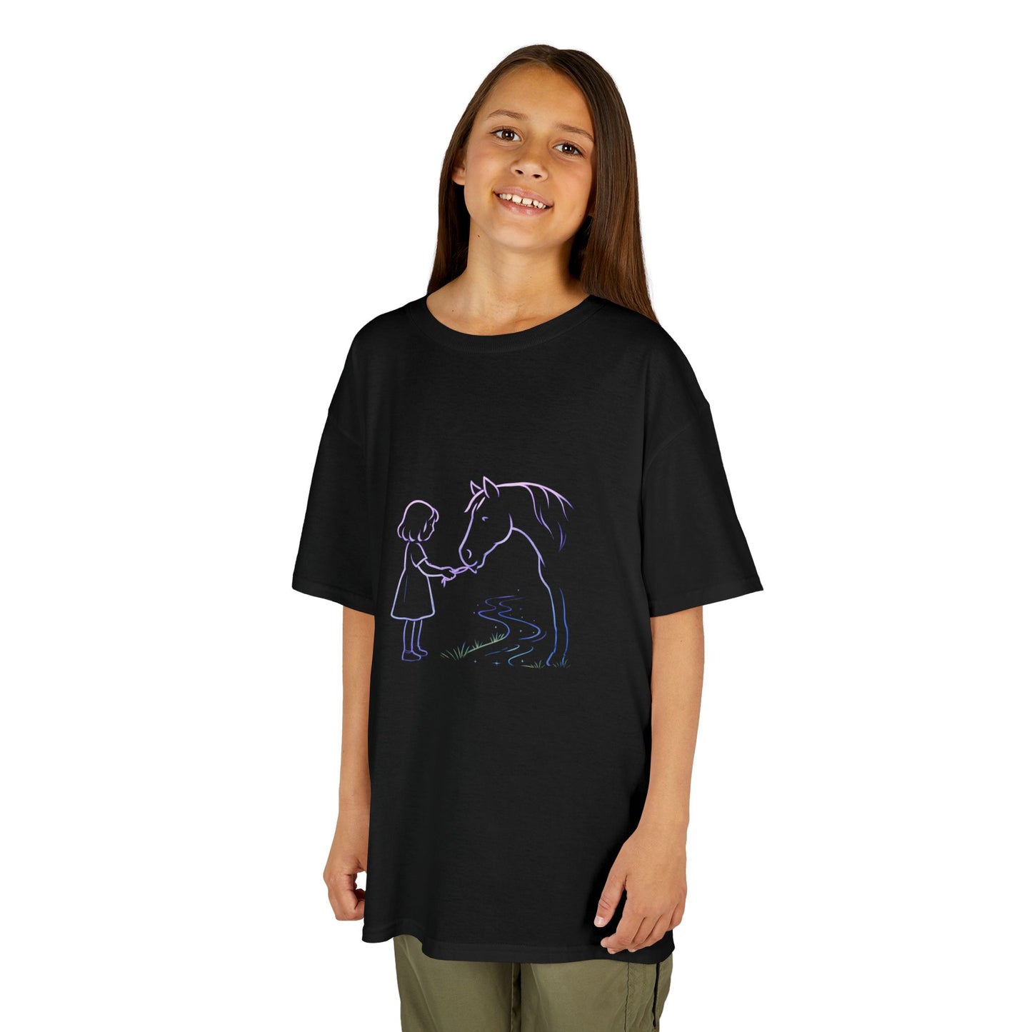Girl Feeding Horse Kids Tee | Cute Neon Line Art