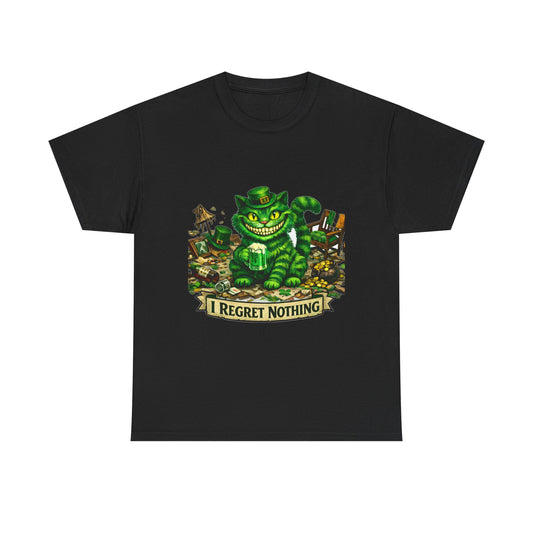 Grinning Cheshire Cat 'I Regret Nothing' Heavy Cotton T-Shirt | Mischief Cartoon Tee