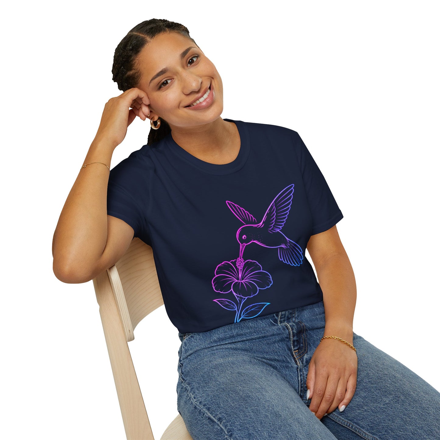 Hovering Hummingbird | Neon Line Art T-Shirt