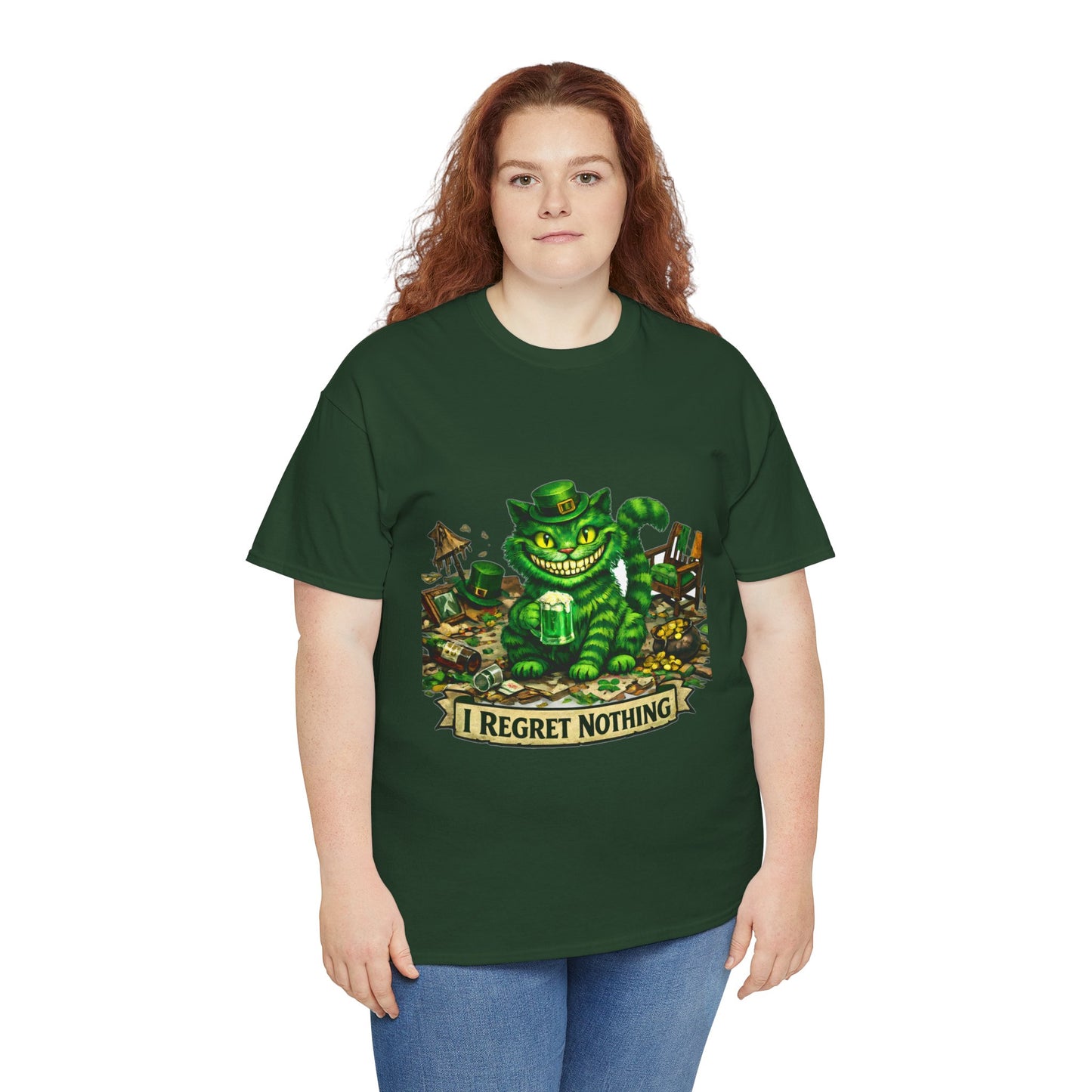 Grinning Cheshire Cat 'I Regret Nothing' Heavy Cotton T-Shirt | Mischief Cartoon Tee