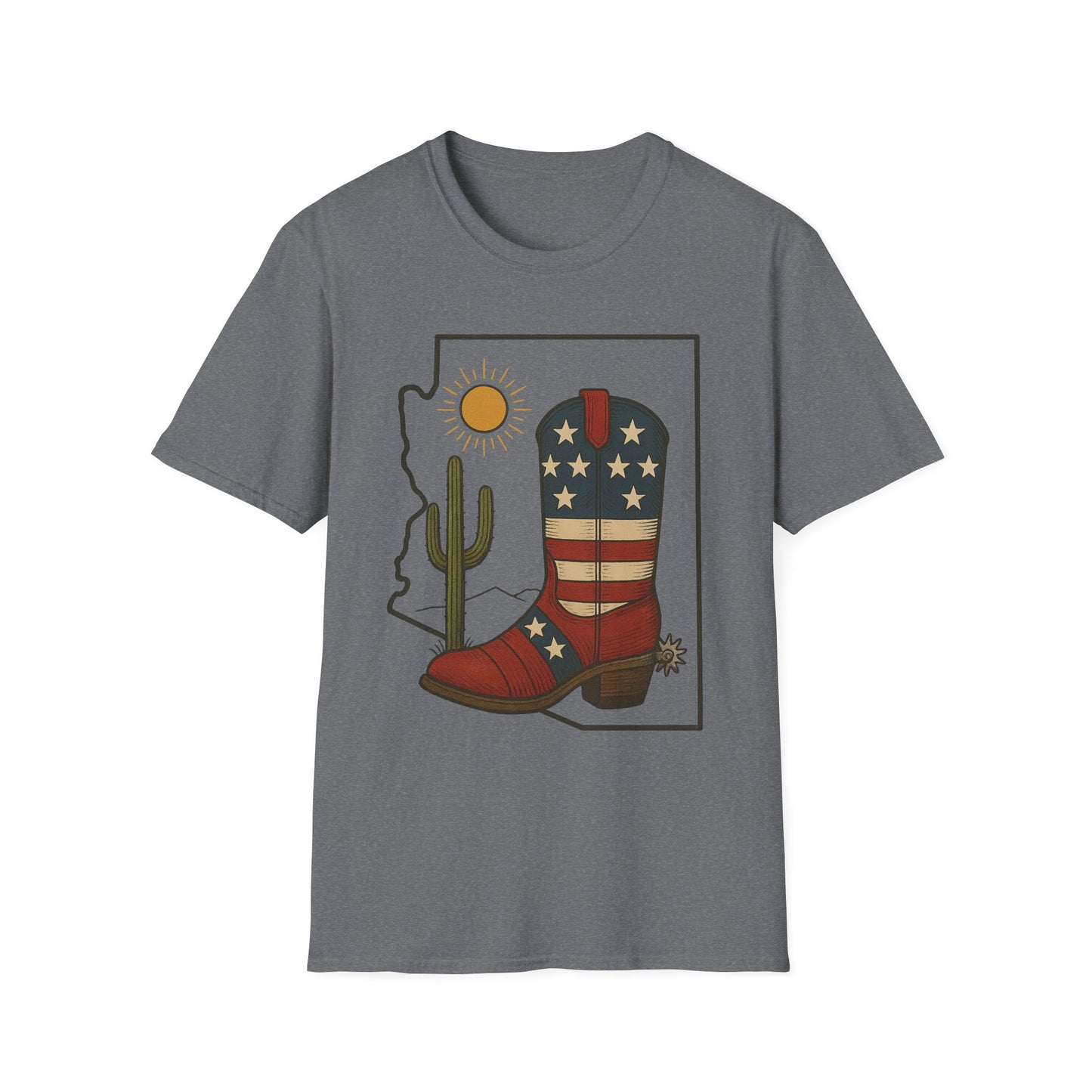 Arizona Cowboy Boot T‑Shirt — USA Patriotic Western Tee with Cactus & Sun