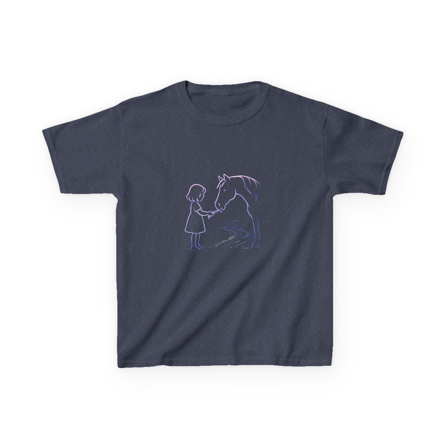 Girl Feeding Horse Kids Tee | Cute Neon Line Art
