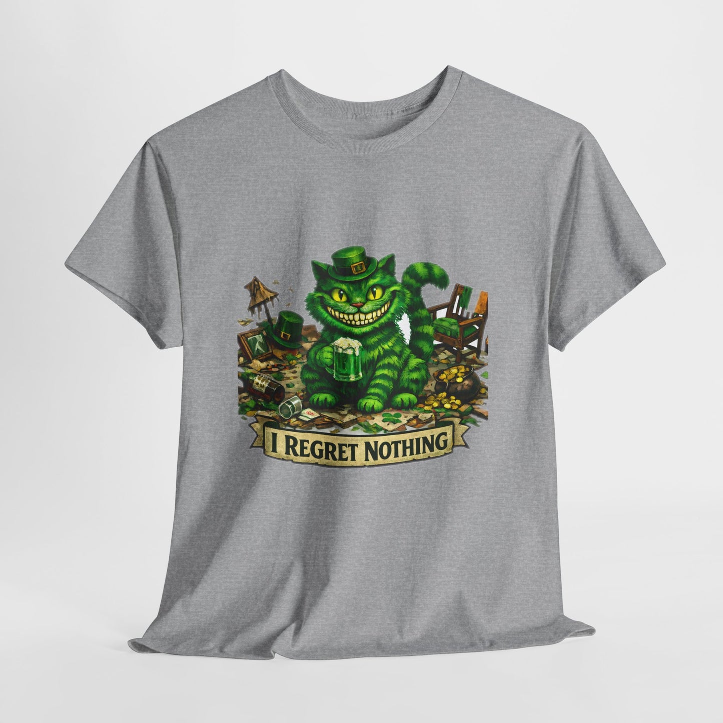 Grinning Cheshire Cat 'I Regret Nothing' Heavy Cotton T-Shirt | Mischief Cartoon Tee