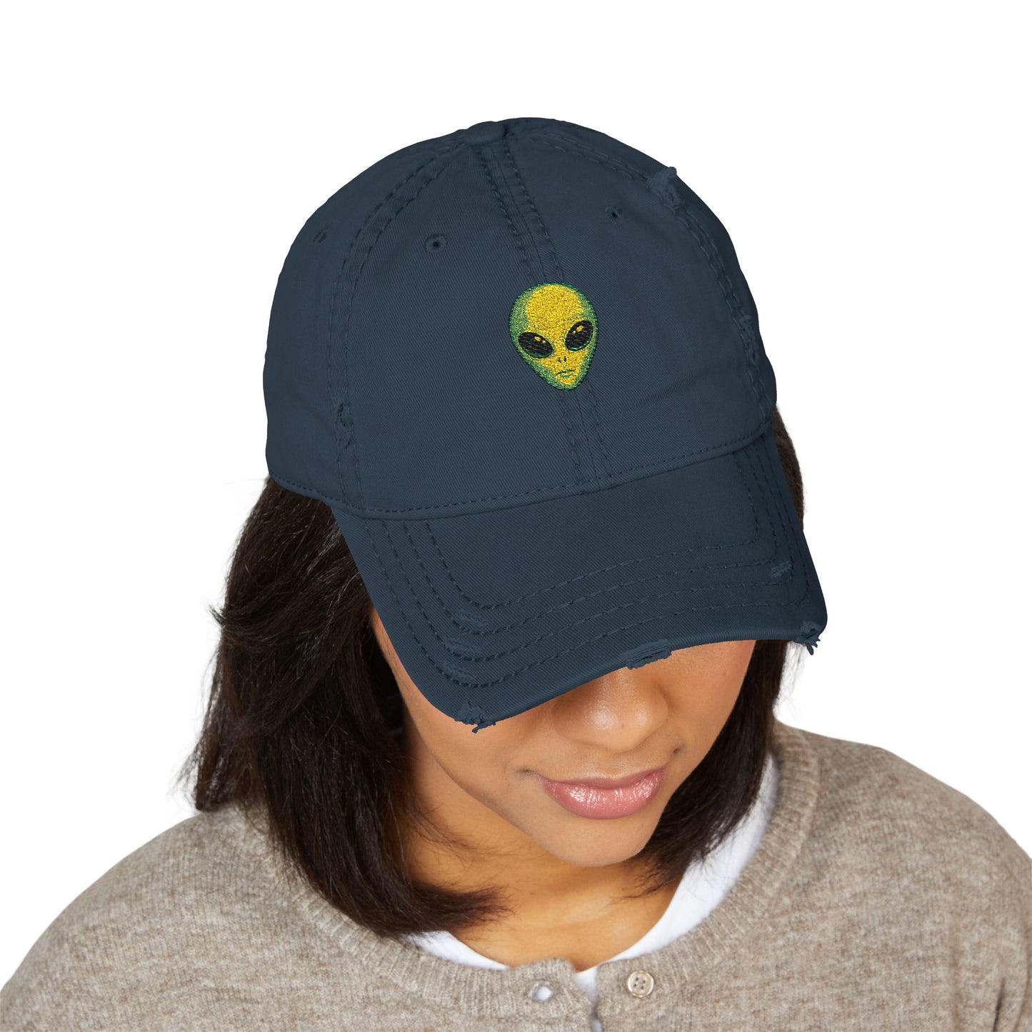 Distressed Embroidered Alien Dad Hat — Vintage Gray Cap