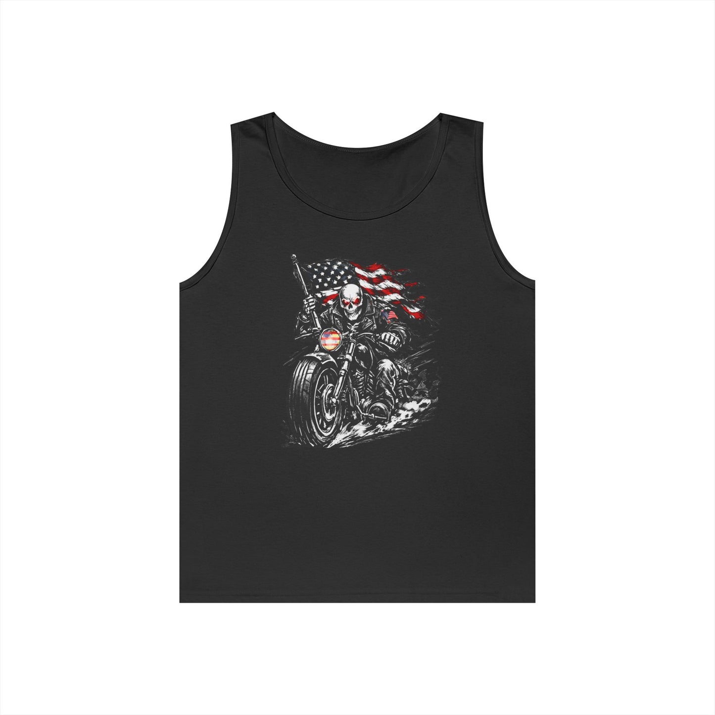 Patriotic Skull Biker Tank Top, American Flag Motorcycle Shirt, American Biker Tank Top — Skull Rider with Waving Flag