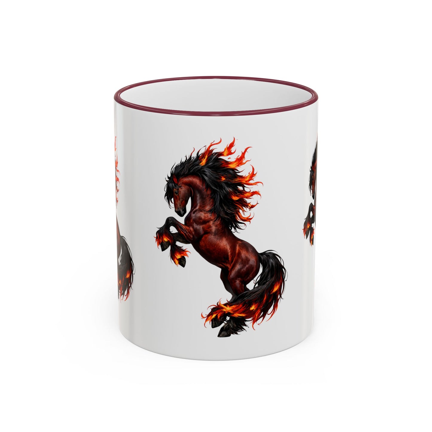 Flaming Horse Accent Rim Mug — Fiery Stallion Coffee Cup (11oz/15oz)
