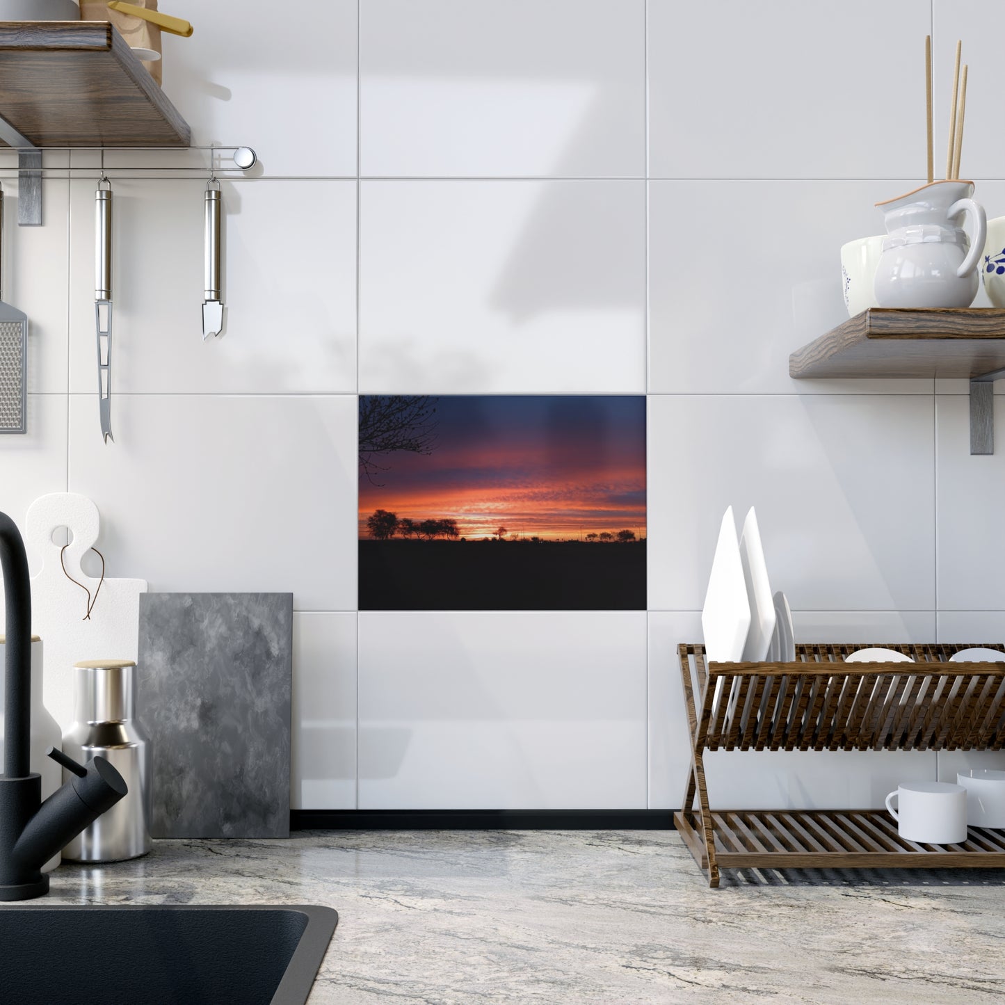 Sunset Silhouette Ceramic Photo Tile | Orange Purple Sky