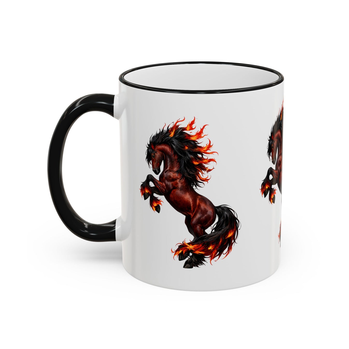 Flaming Horse Accent Rim Mug — Fiery Stallion Coffee Cup (11oz/15oz)