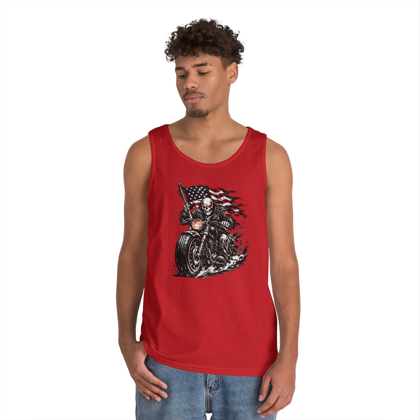 Patriotic Skull Biker Tank Top, American Flag Motorcycle Shirt, American Biker Tank Top — Skull Rider with Waving Flag