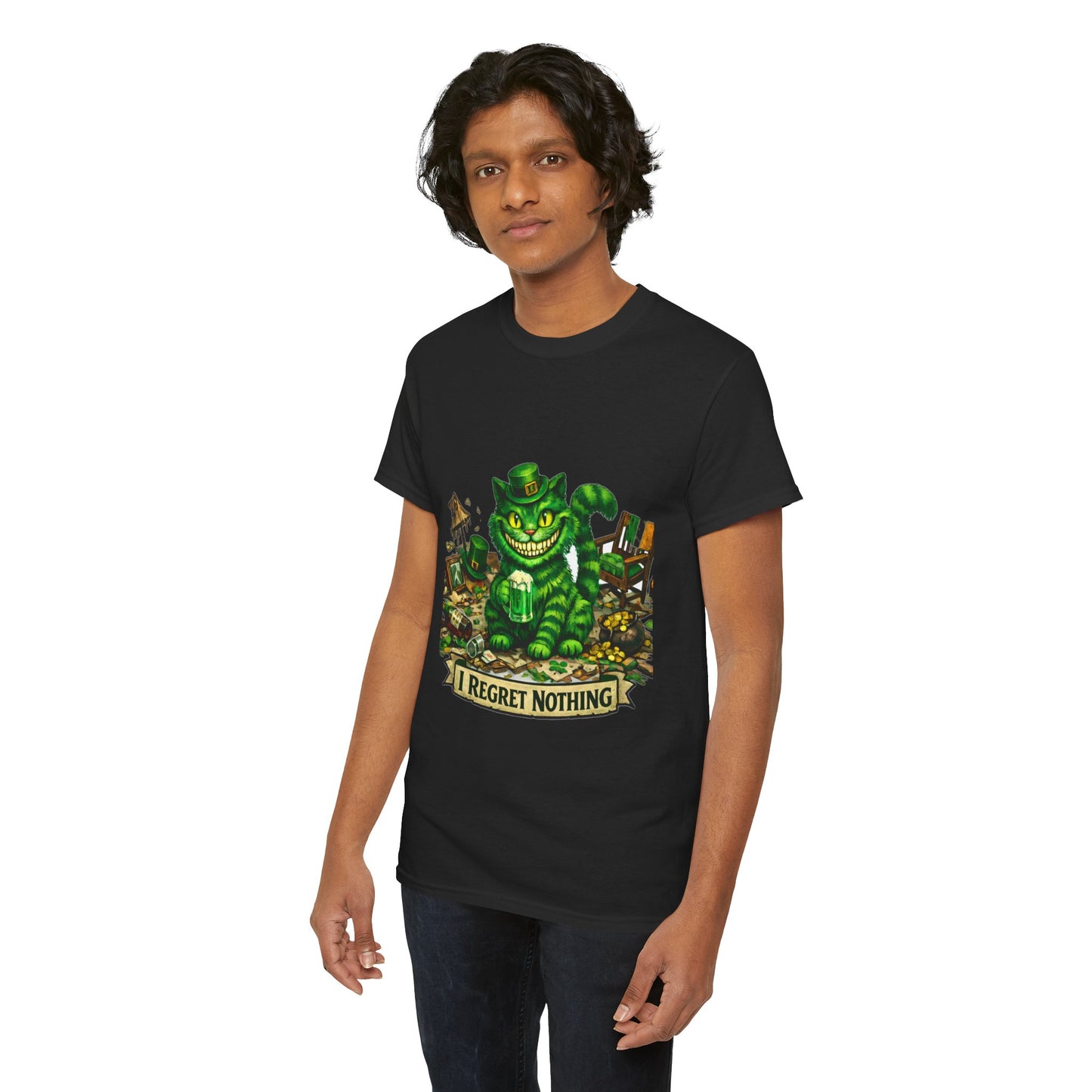 Grinning Cheshire Cat 'I Regret Nothing' Heavy Cotton T-Shirt | Mischief Cartoon Tee