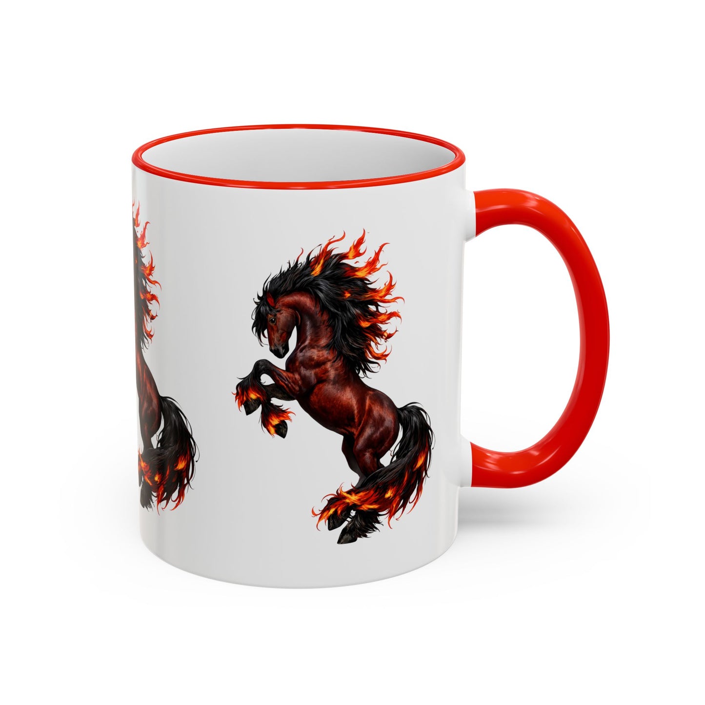 Flaming Horse Accent Rim Mug — Fiery Stallion Coffee Cup (11oz/15oz)