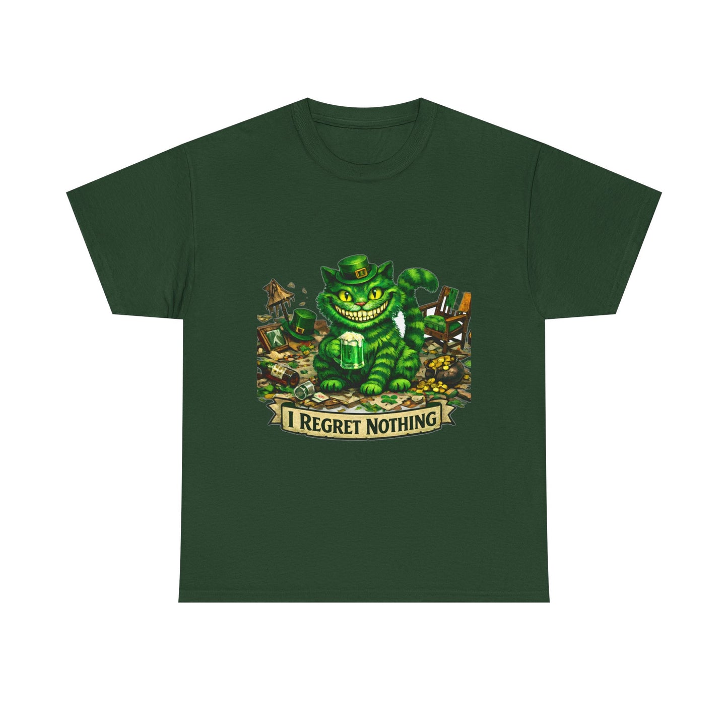 Grinning Cheshire Cat 'I Regret Nothing' Heavy Cotton T-Shirt | Mischief Cartoon Tee
