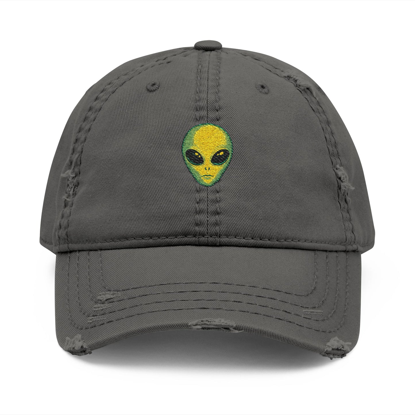 Distressed Embroidered Alien Dad Hat — Vintage Gray Cap