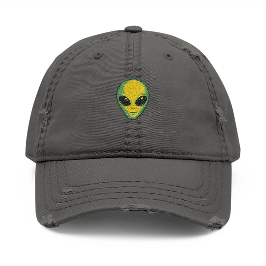 Distressed Embroidered Alien Dad Hat — Vintage Gray Cap