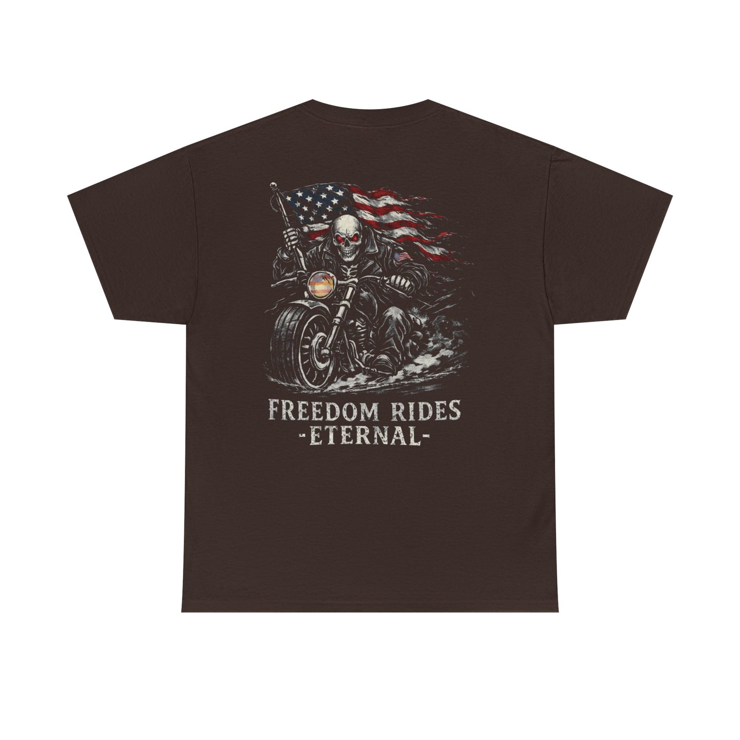Freedom Rides Eternal Motorcycle Tee | Skull Biker American Flag