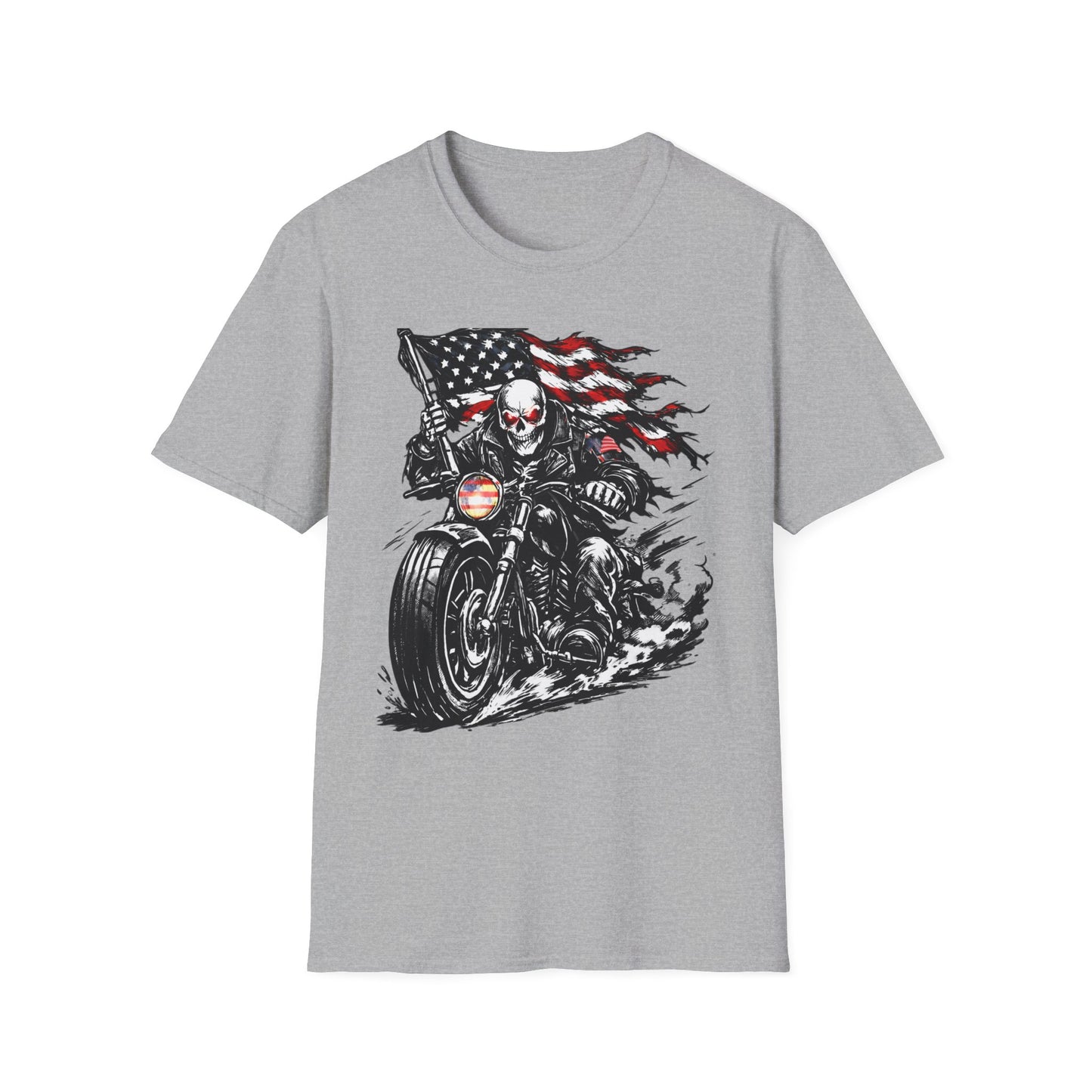Skull Biker with American Flag T-Shirt | Motorcycle Rider Tee