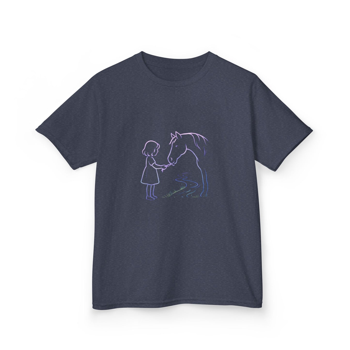 Girl Feeding Horse Kids Tee | Cute Neon Line Art