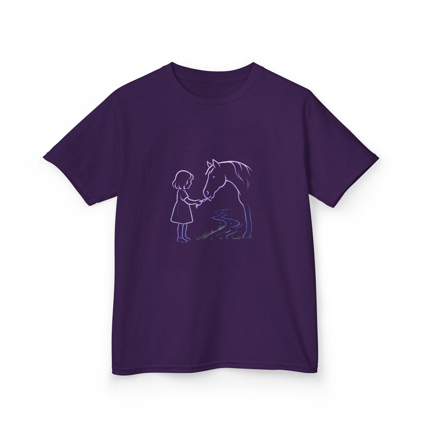 Girl Feeding Horse Kids Tee | Cute Neon Line Art