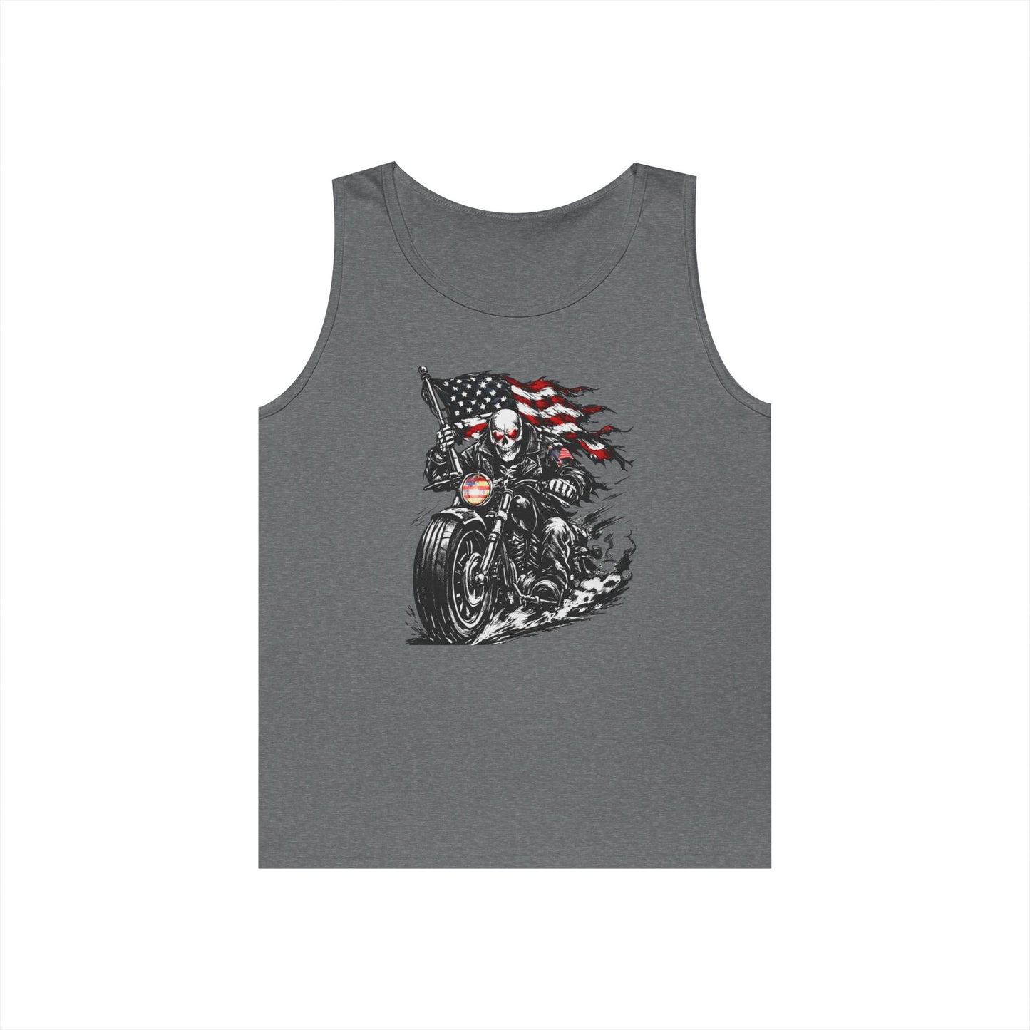 Patriotic Skull Biker Tank Top, American Flag Motorcycle Shirt, American Biker Tank Top — Skull Rider with Waving Flag
