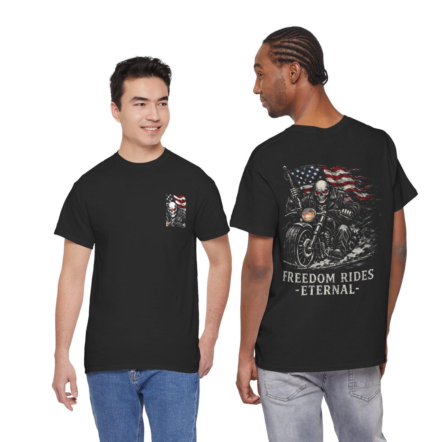 Freedom Rides Eternal Motorcycle Tee | Skull Biker American Flag