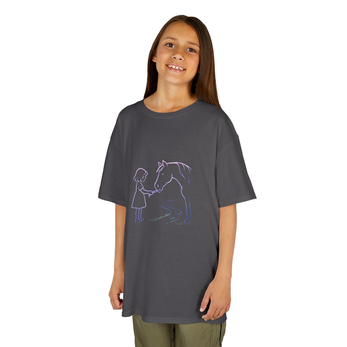 Girl Feeding Horse Kids Tee | Cute Neon Line Art