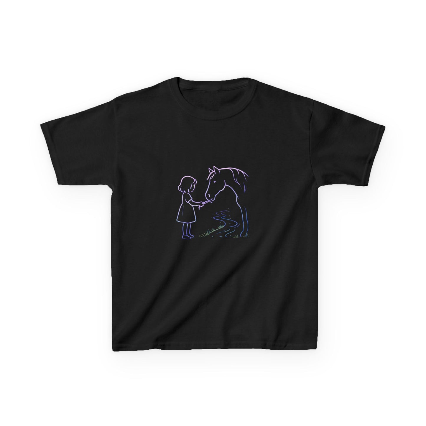 Girl Feeding Horse Kids Tee | Cute Neon Line Art