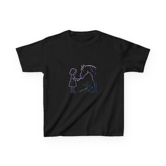 Girl Feeding Horse Kids Tee | Cute Neon Line Art