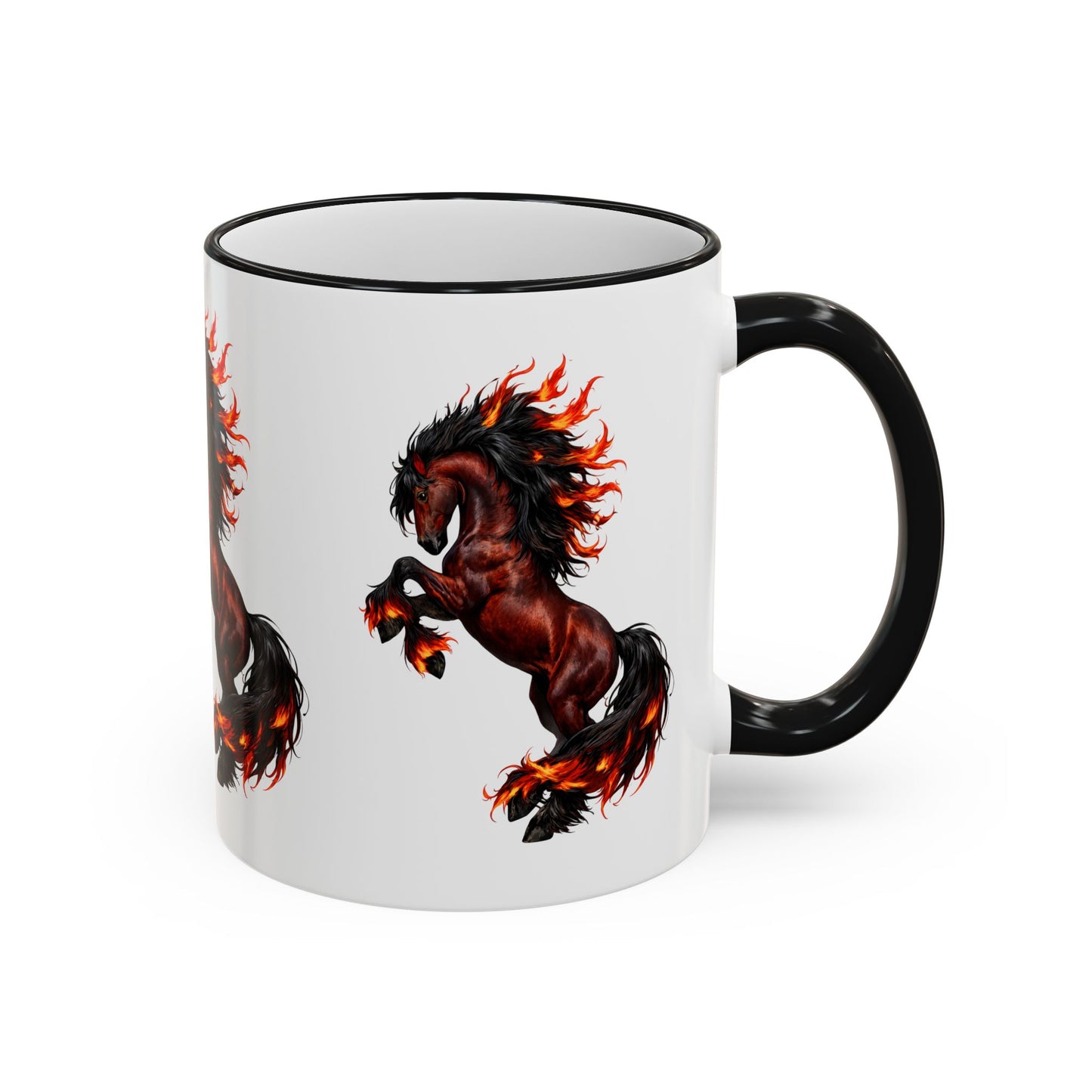 Flaming Horse Accent Rim Mug — Fiery Stallion Coffee Cup (11oz/15oz)