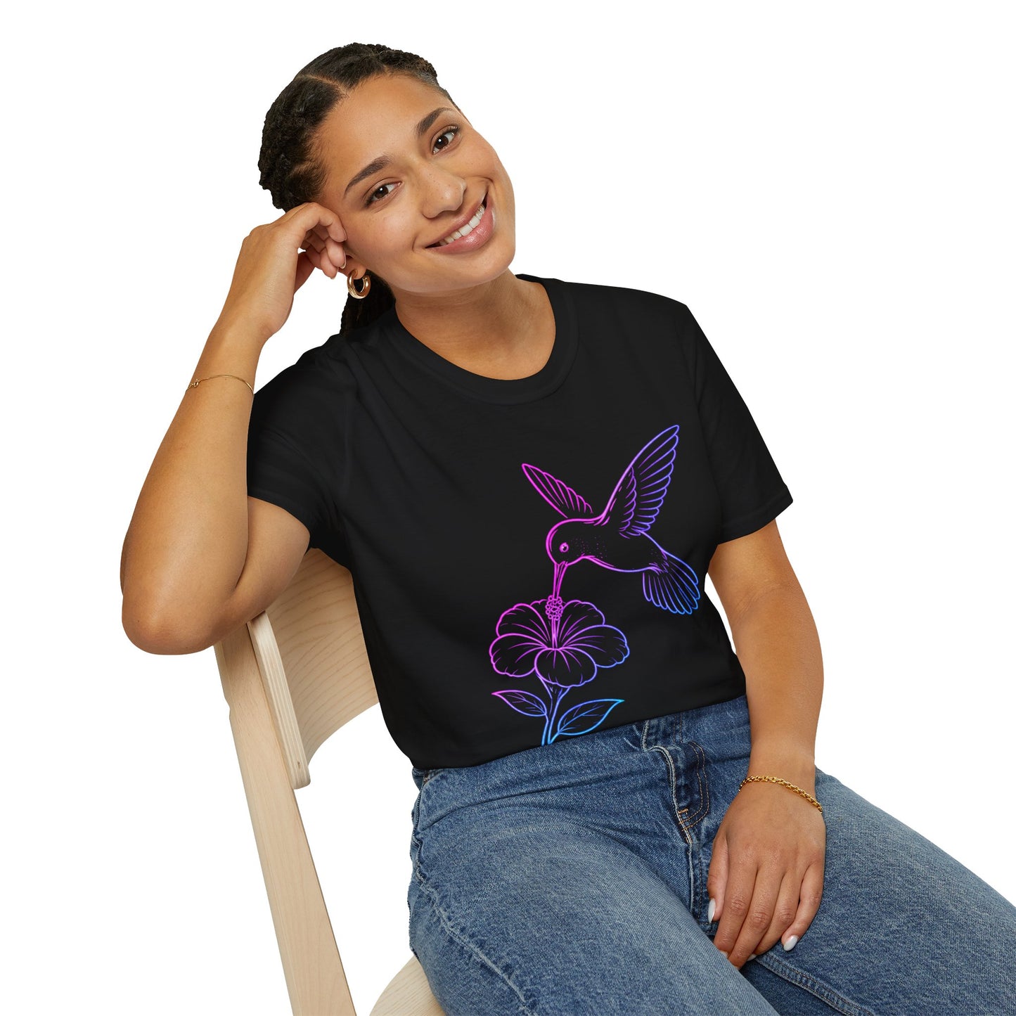 Hovering Hummingbird | Neon Line Art T-Shirt