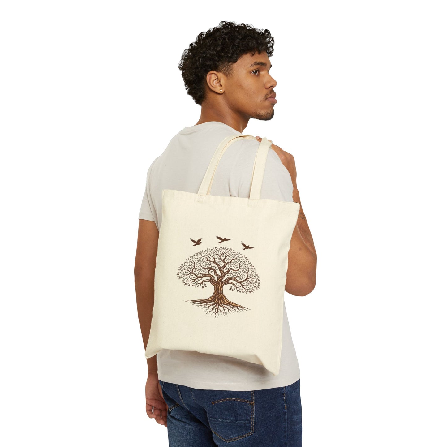 Tree of Life Canvas Tote Bag — Eco-Friendly Nature Market Bag with Birds