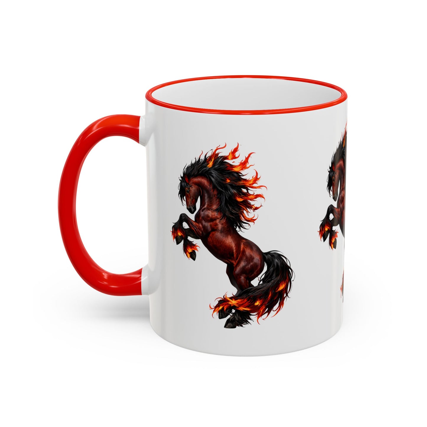 Flaming Horse Accent Rim Mug — Fiery Stallion Coffee Cup (11oz/15oz)