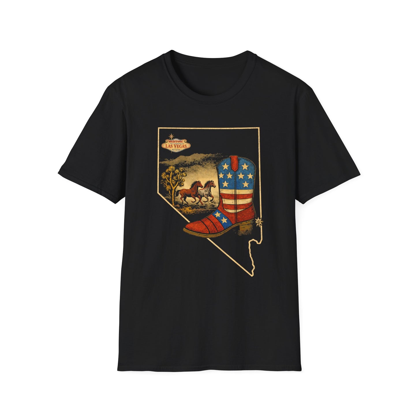 Nevada State Patriotic Cowboy Boot T-Shirt — Las Vegas Desert Horses Graphic Tee