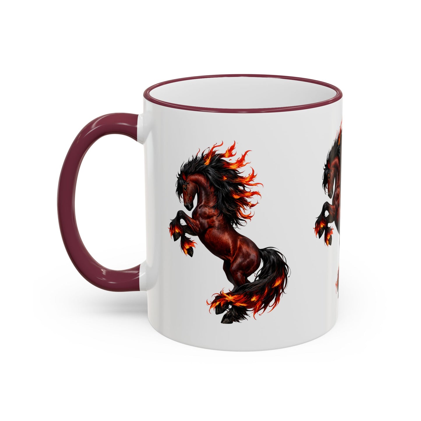 Flaming Horse Accent Rim Mug — Fiery Stallion Coffee Cup (11oz/15oz)