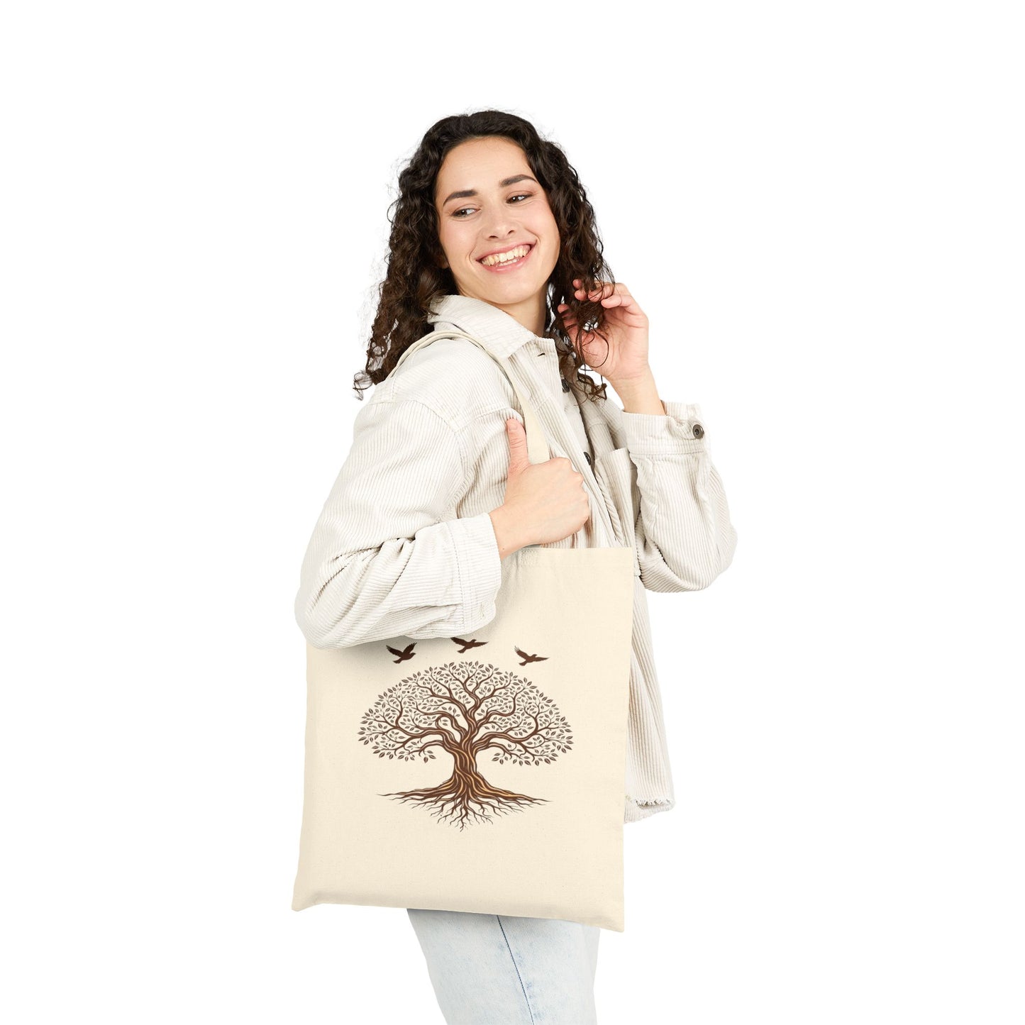 Tree of Life Canvas Tote Bag — Eco-Friendly Nature Market Bag with Birds