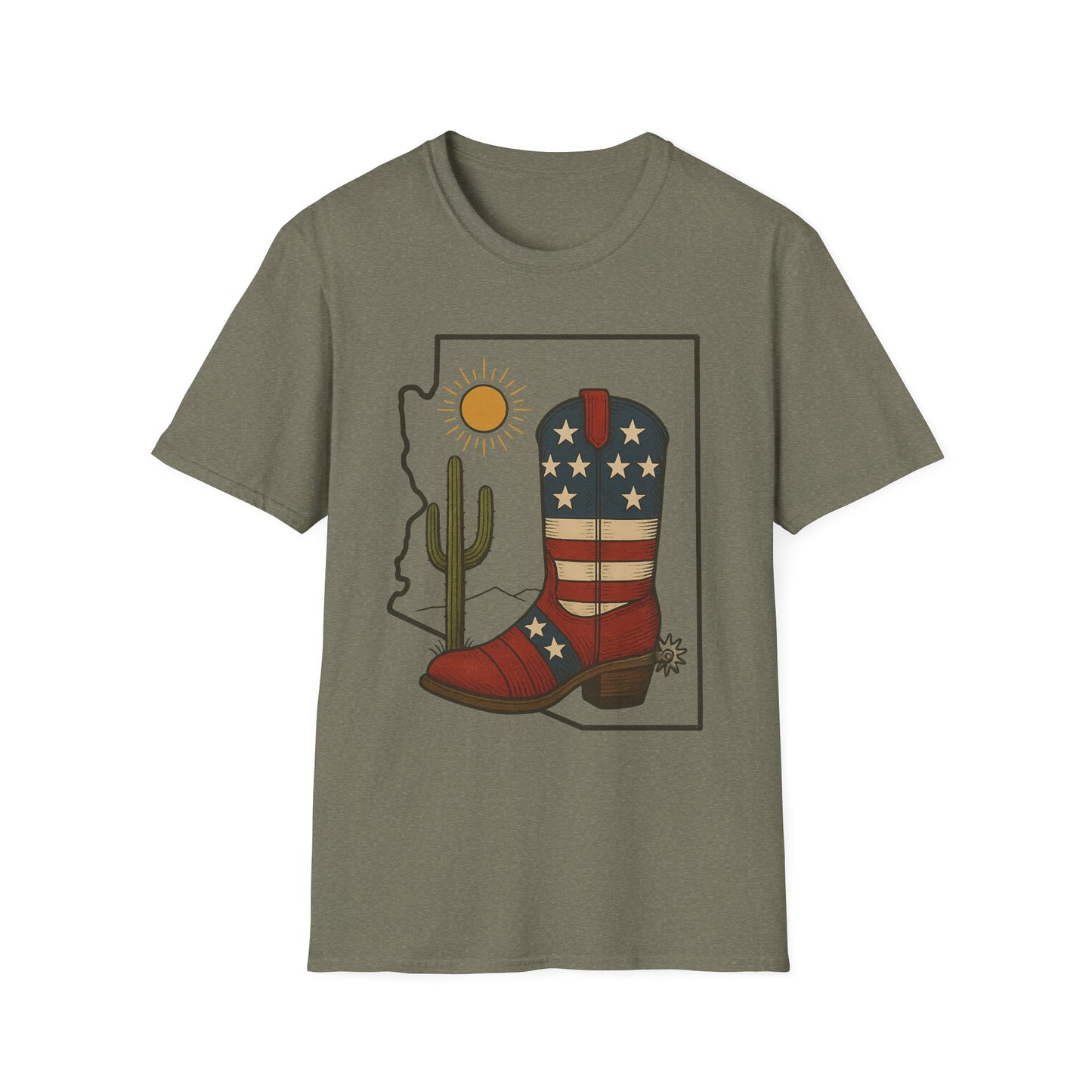 Arizona Cowboy Boot T‑Shirt — USA Patriotic Western Tee with Cactus & Sun