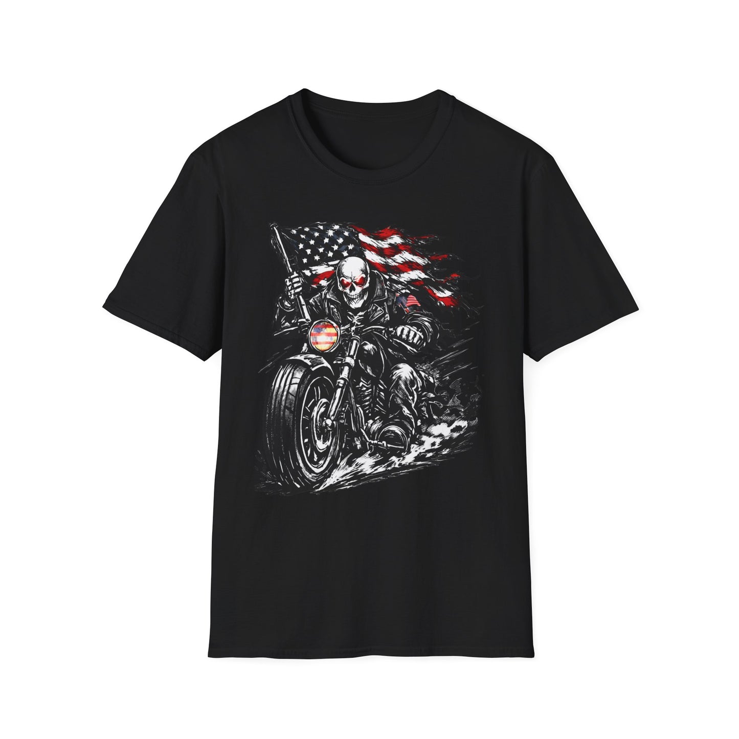 Skull Biker with American Flag T-Shirt | Motorcycle Rider Tee