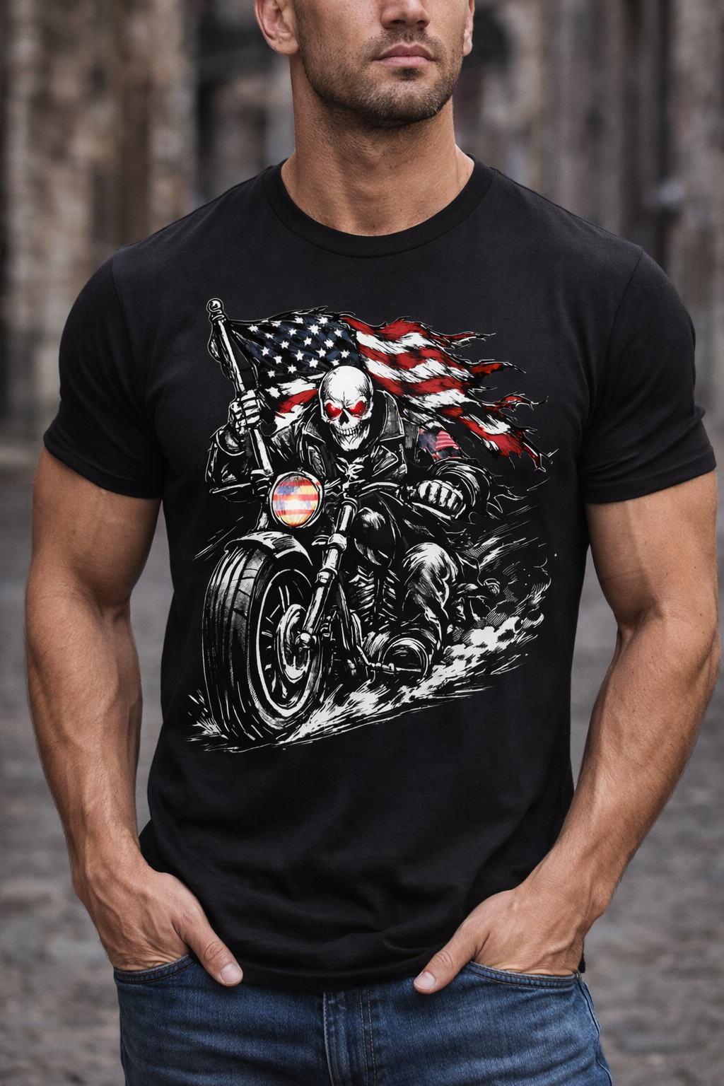 Skull Biker with American Flag T-Shirt | Motorcycle Rider Tee
