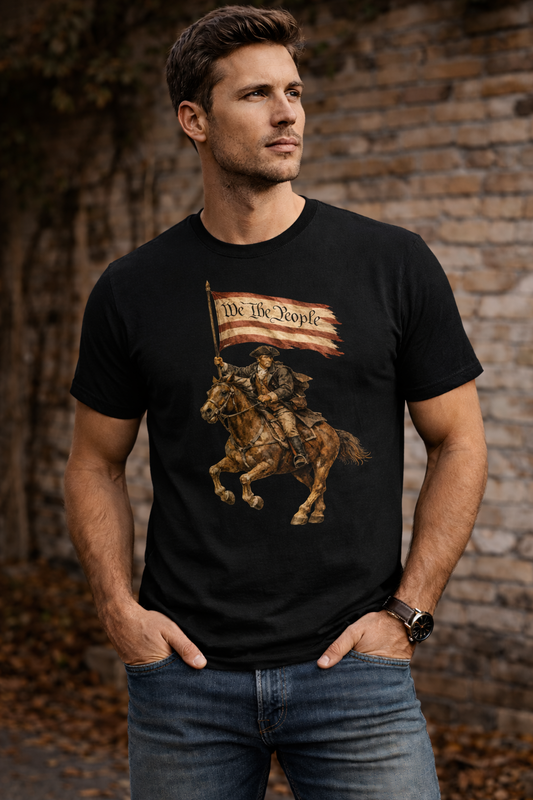 We the People Rider T-Shirt | Revolutionary Horseman | American Flag | 1776 Tribute Shirt
