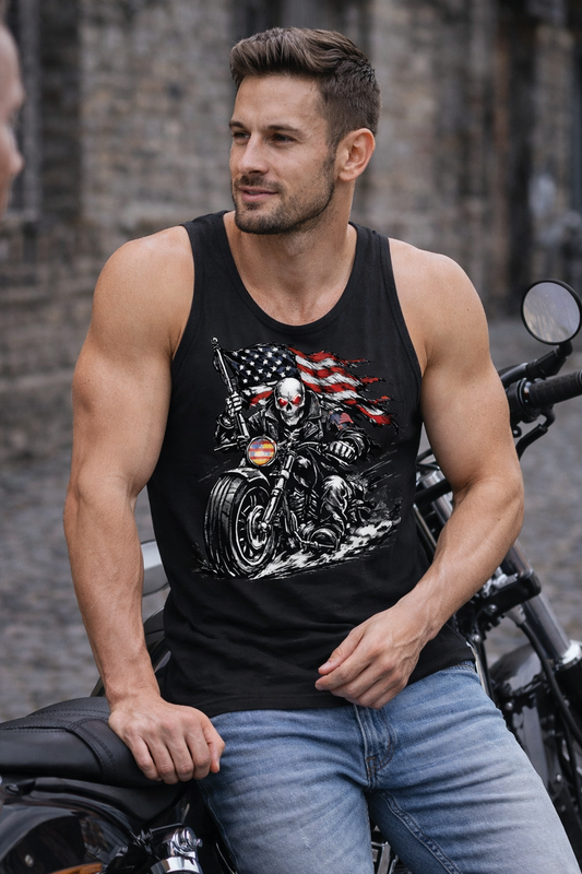 Patriotic Skull Biker Tank Top, American Flag Motorcycle Shirt, American Biker Tank Top — Skull Rider with Waving Flag