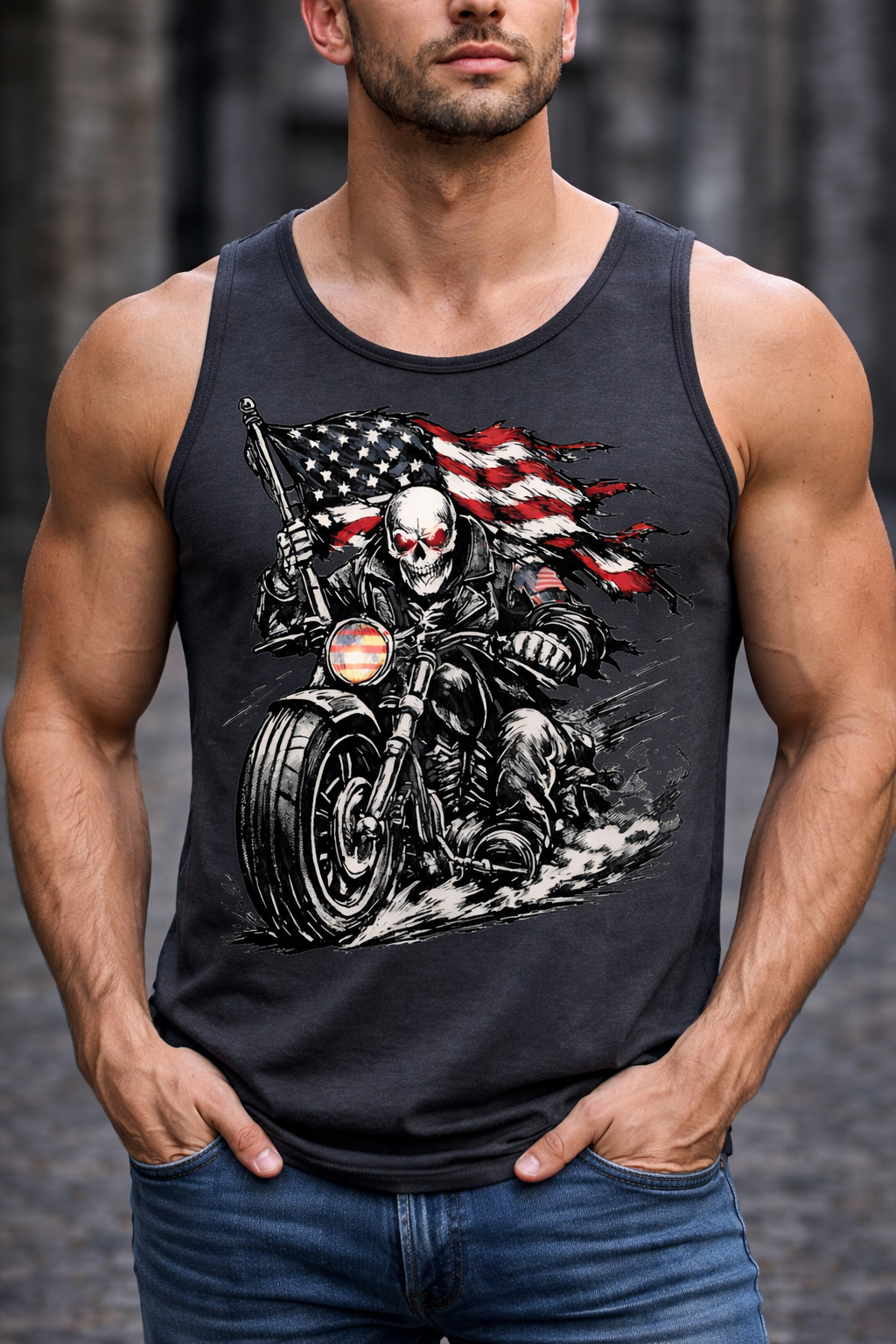 Patriotic Skull Biker Tank Top, American Flag Motorcycle Shirt, American Biker Tank Top — Skull Rider with Waving Flag