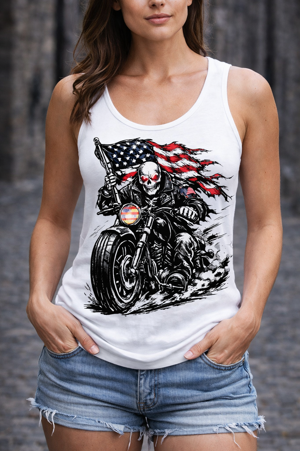 Patriotic Skull Biker Tank Top, American Flag Motorcycle Shirt, American Biker Tank Top — Skull Rider with Waving Flag